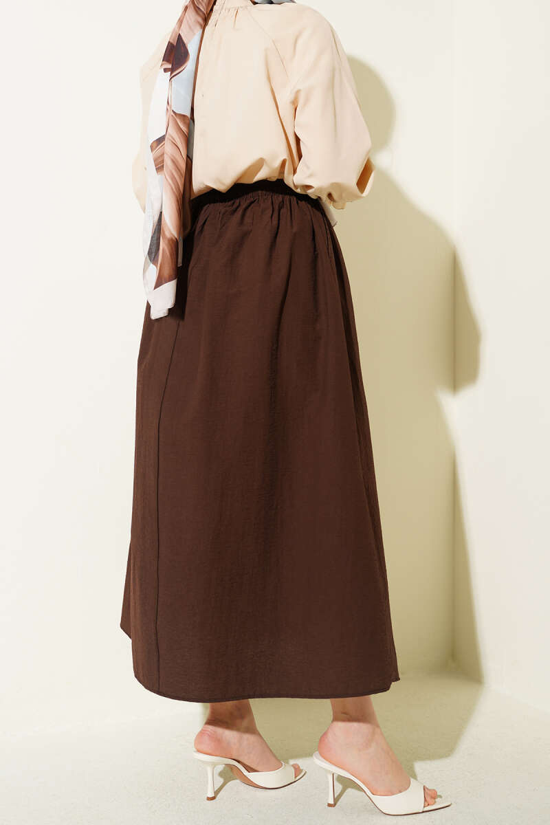 Flared Parachute Skirt with Elastic Waist - Brown