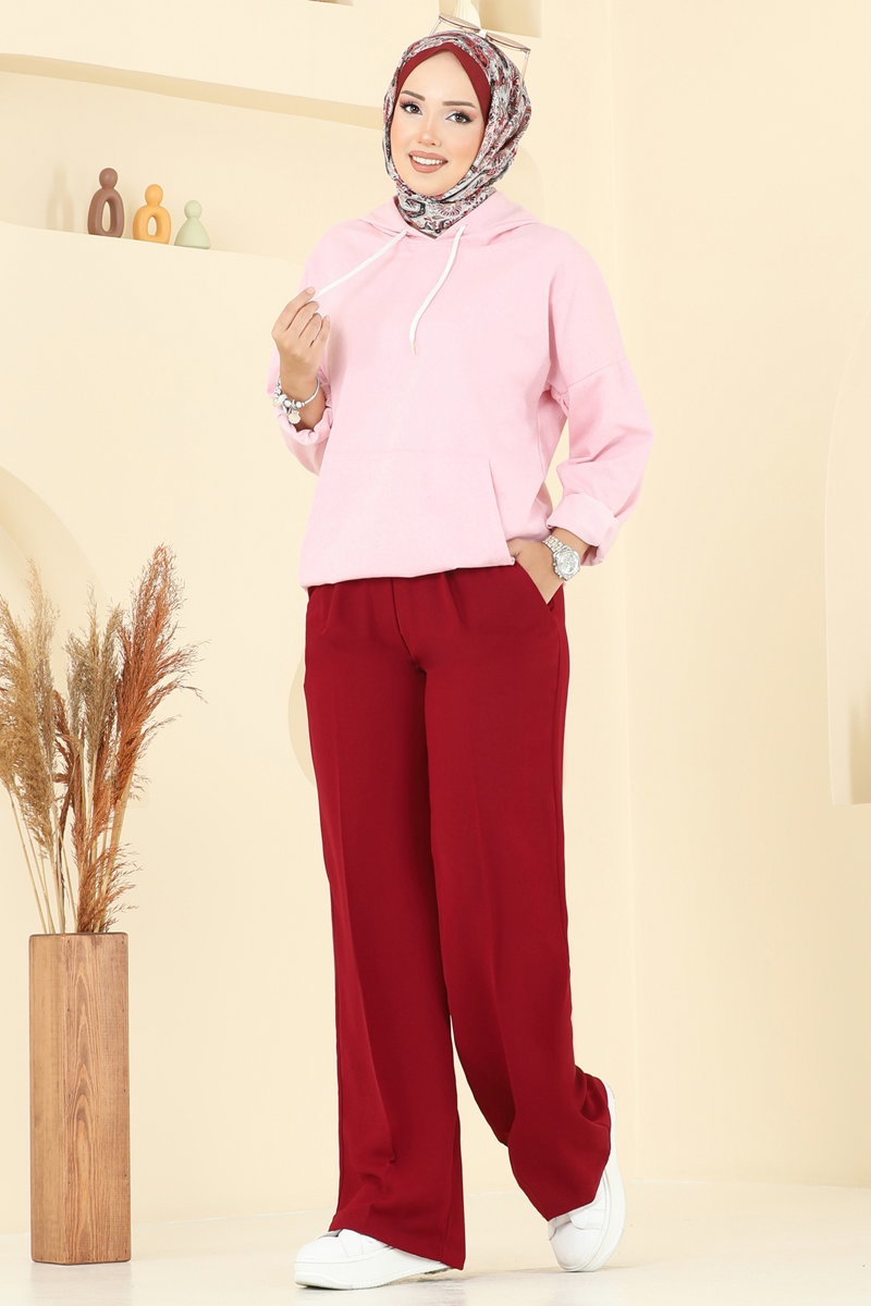 Crepe Trousers with Elastic Waist - Burgundy