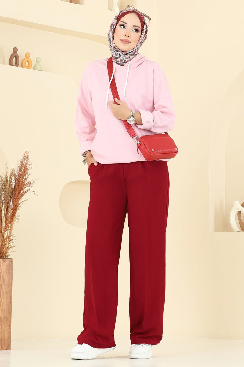 Crepe Trousers with Elastic Waist - Burgundy