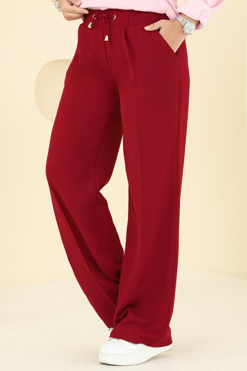 Crepe Trousers with Elastic Waist - Burgundy