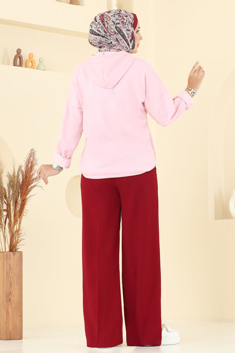 Crepe Trousers with Elastic Waist - Burgundy