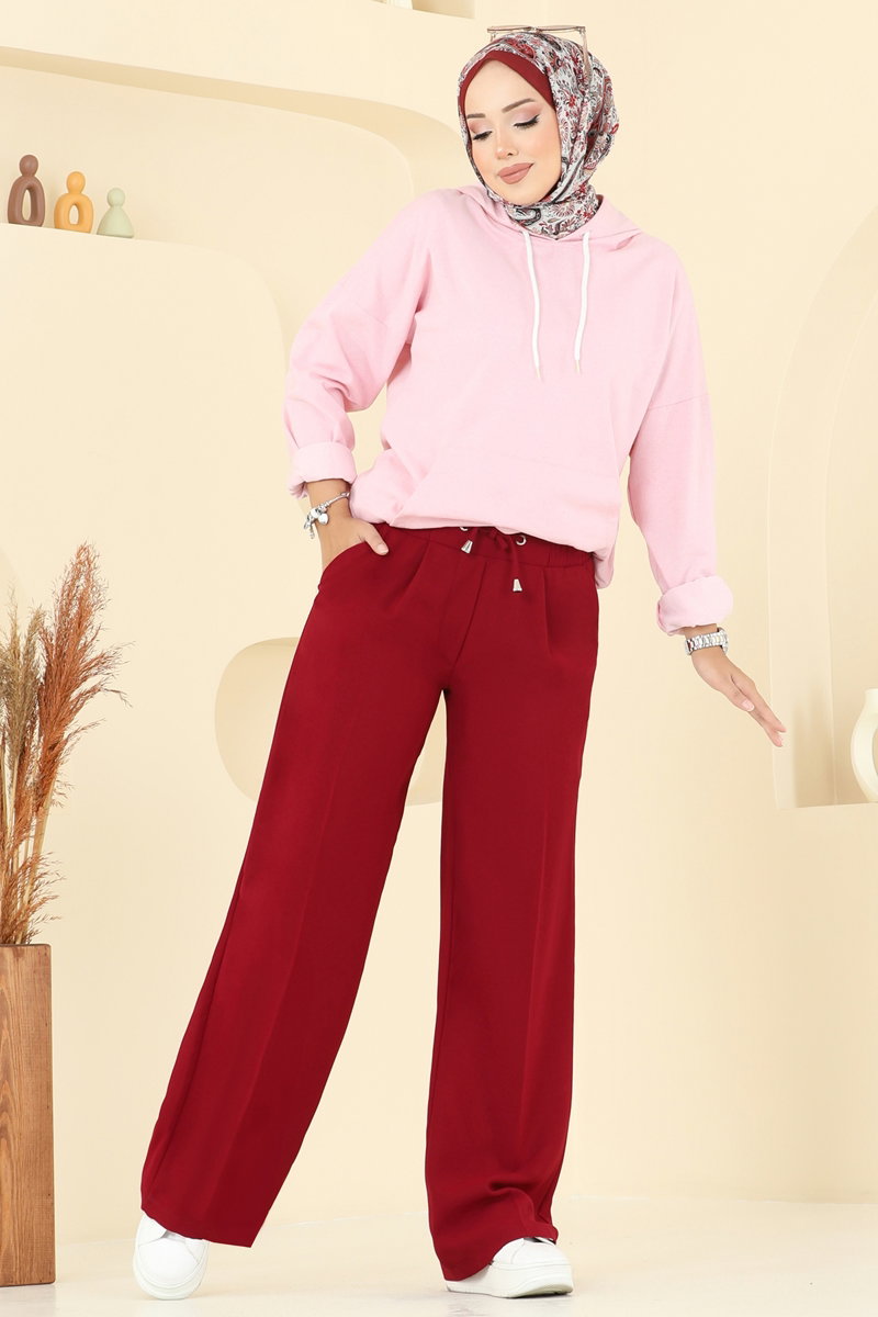 Crepe Trousers with Elastic Waist - Burgundy