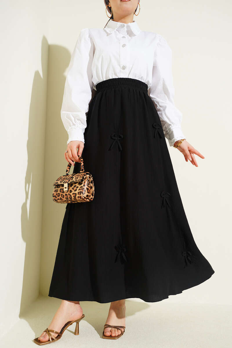 Ribbon-Detail Skirt with Elastic Waist - Black