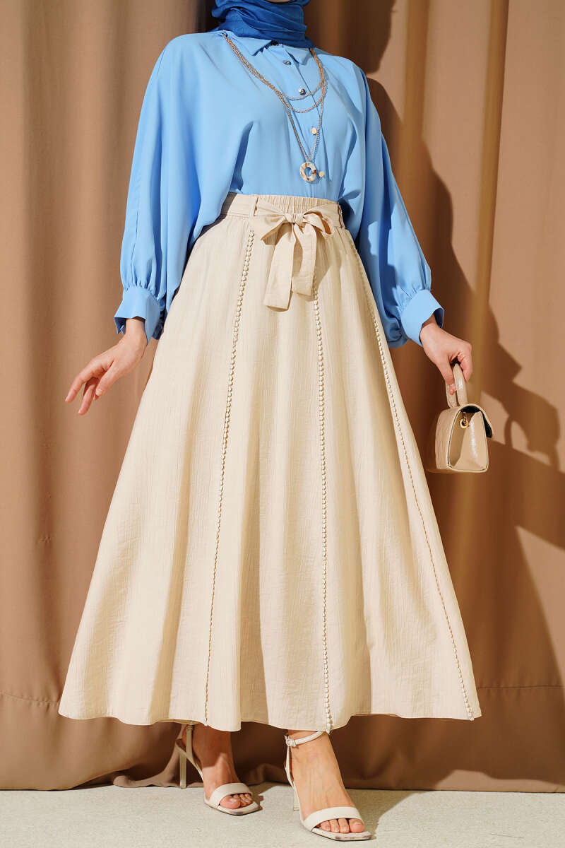 Belted Flared Skirt with Elastic Waist - Beige