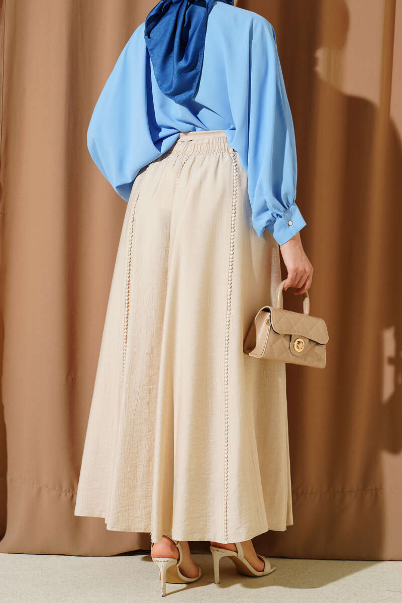 Belted Flared Skirt with Elastic Waist - Beige