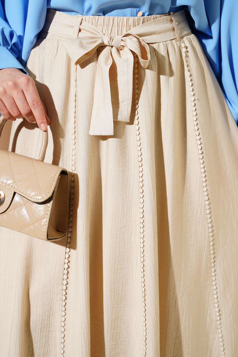 Belted Flared Skirt with Elastic Waist - Beige