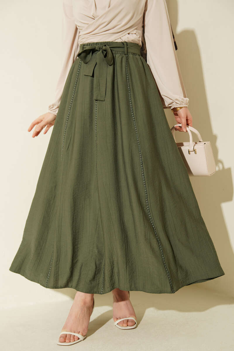 Belted Flared Skirt with Elastic Waist - Khaki