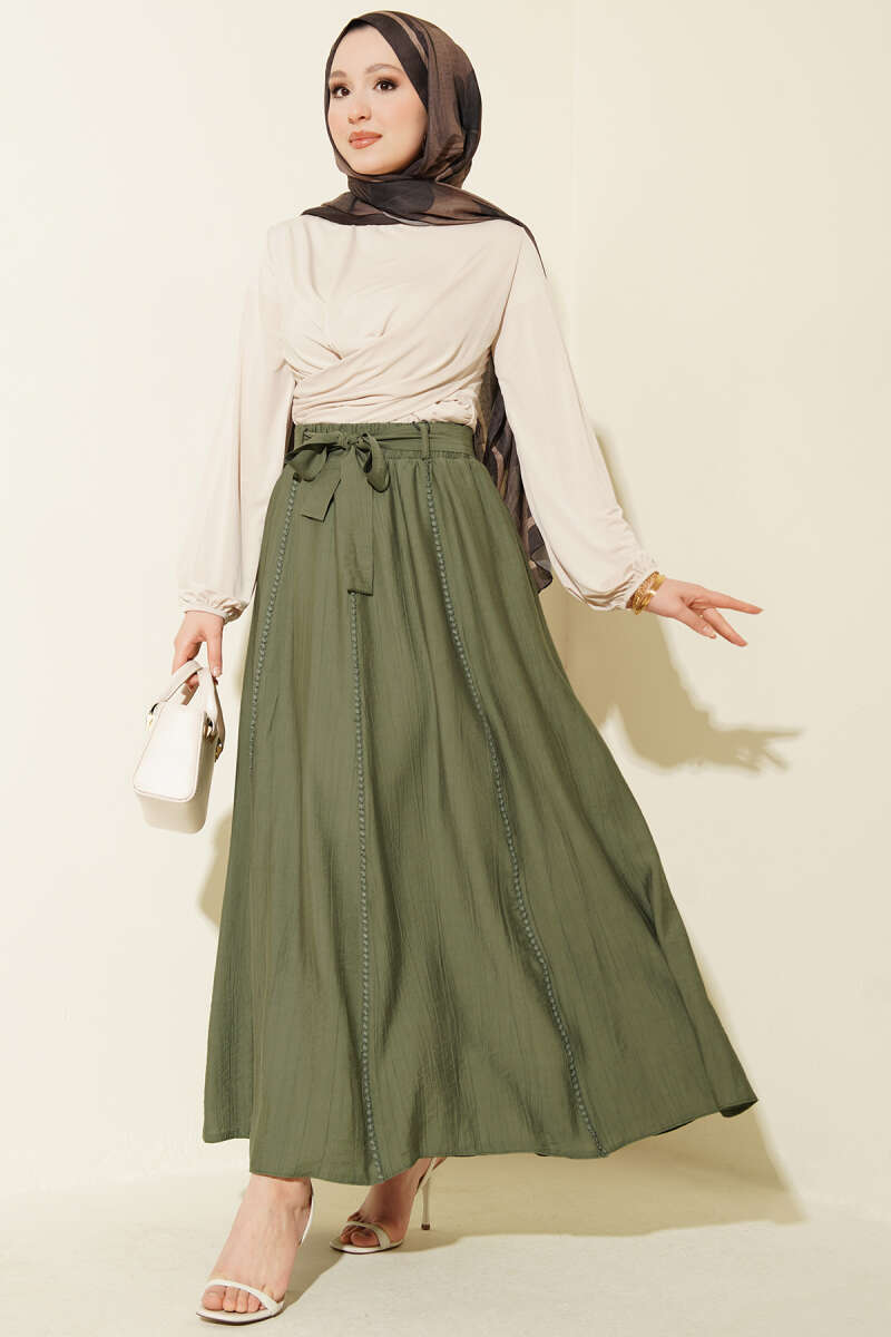 Belted Flared Skirt with Elastic Waist - Khaki