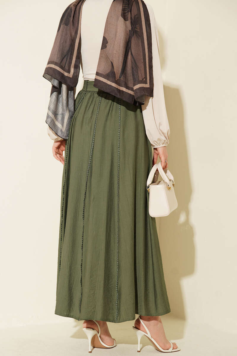 Belted Flared Skirt with Elastic Waist - Khaki