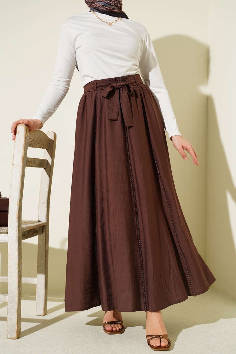 Belted Flared Skirt with Elastic Waist - Brown