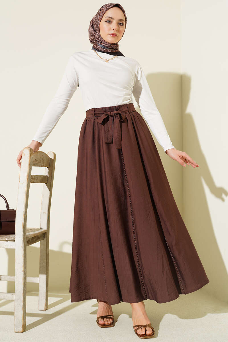 Belted Flared Skirt with Elastic Waist - Brown