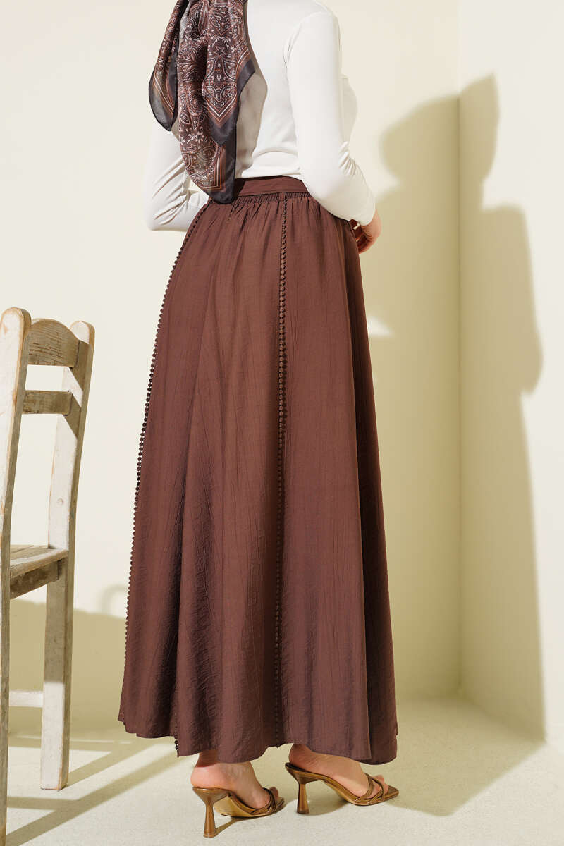 Belted Flared Skirt with Elastic Waist - Brown
