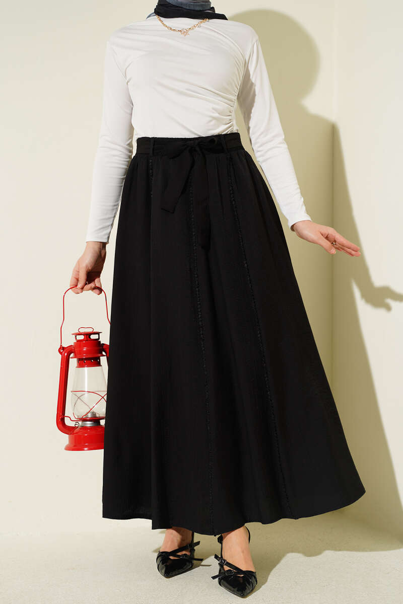 Belted Flared Skirt with Elastic Waist - Black