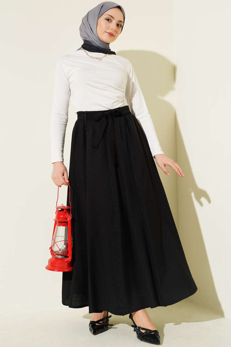 Belted Flared Skirt with Elastic Waist - Black