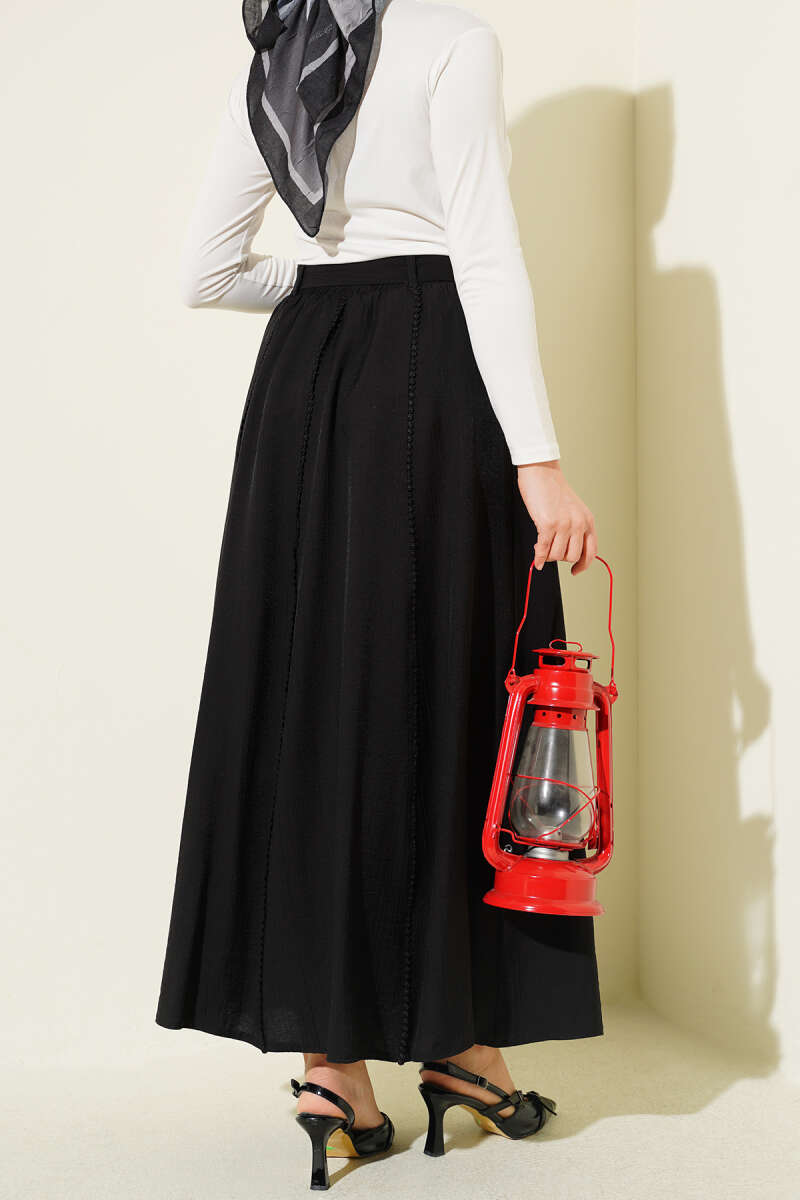 Belted Flared Skirt with Elastic Waist - Black
