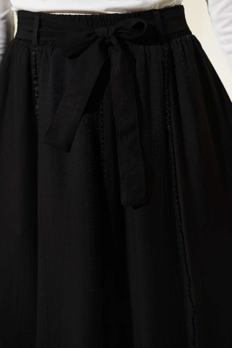 Belted Flared Skirt with Elastic Waist - Black