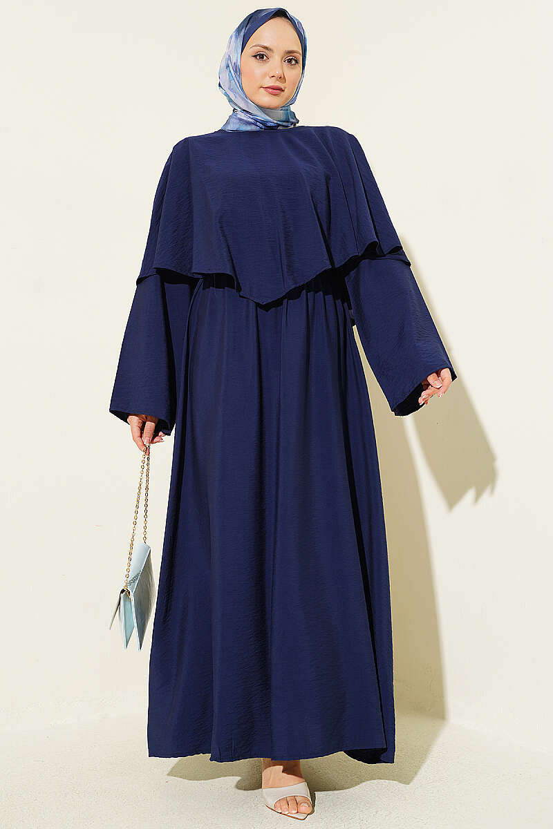Belted Cape Dress with Elastic Waist - Navy