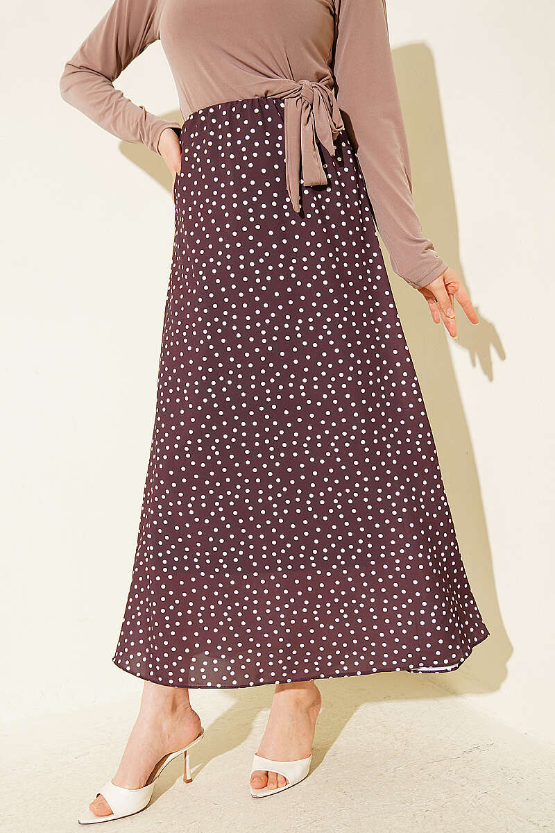 Polka Dot Skirt with Elastic Waist - Brown
