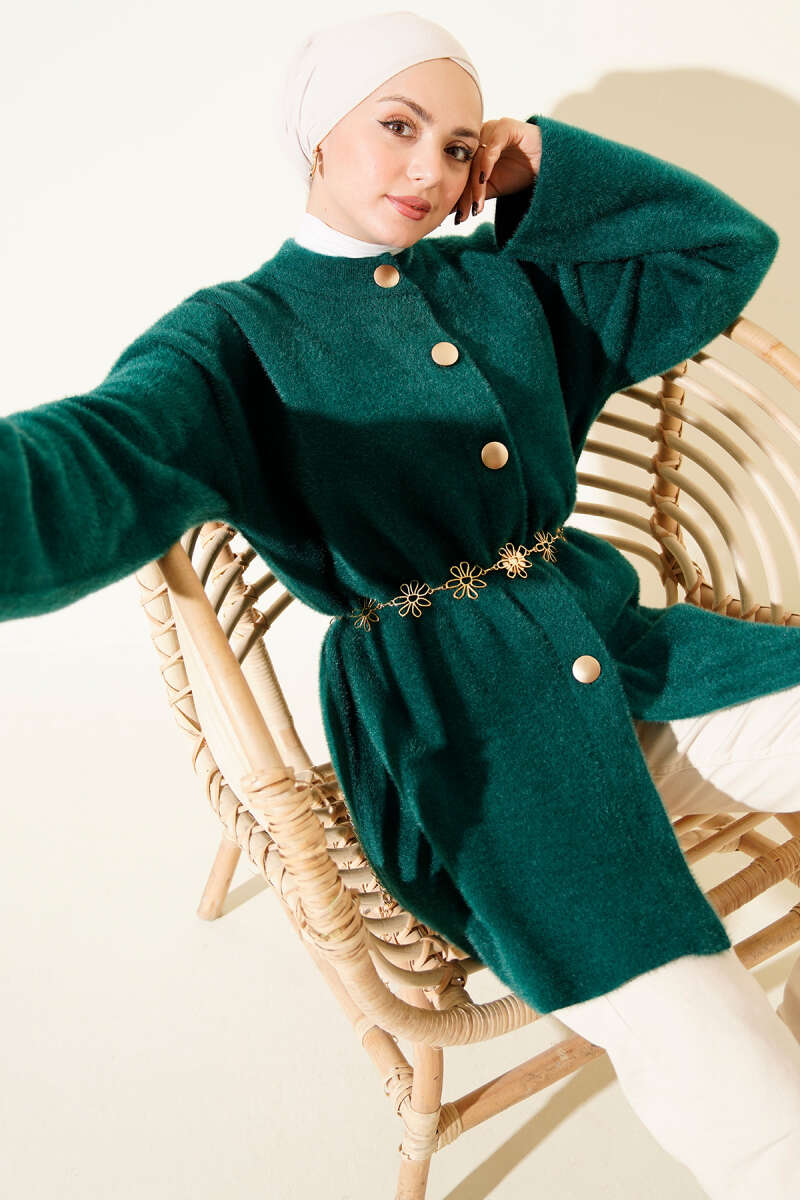 Fluffy Soft Cardigan with Elastic Waist - Emerald