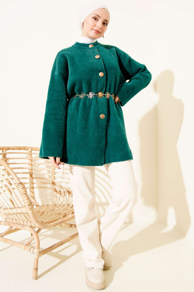 Fluffy Soft Cardigan with Elastic Waist - Emerald