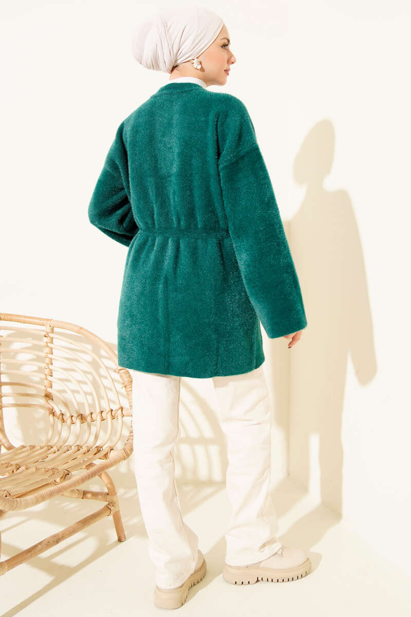 Fluffy Soft Cardigan with Elastic Waist - Emerald