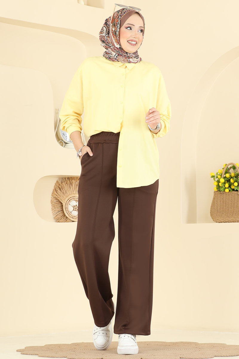 Scuba Trousers with Elastic Waist - Brown