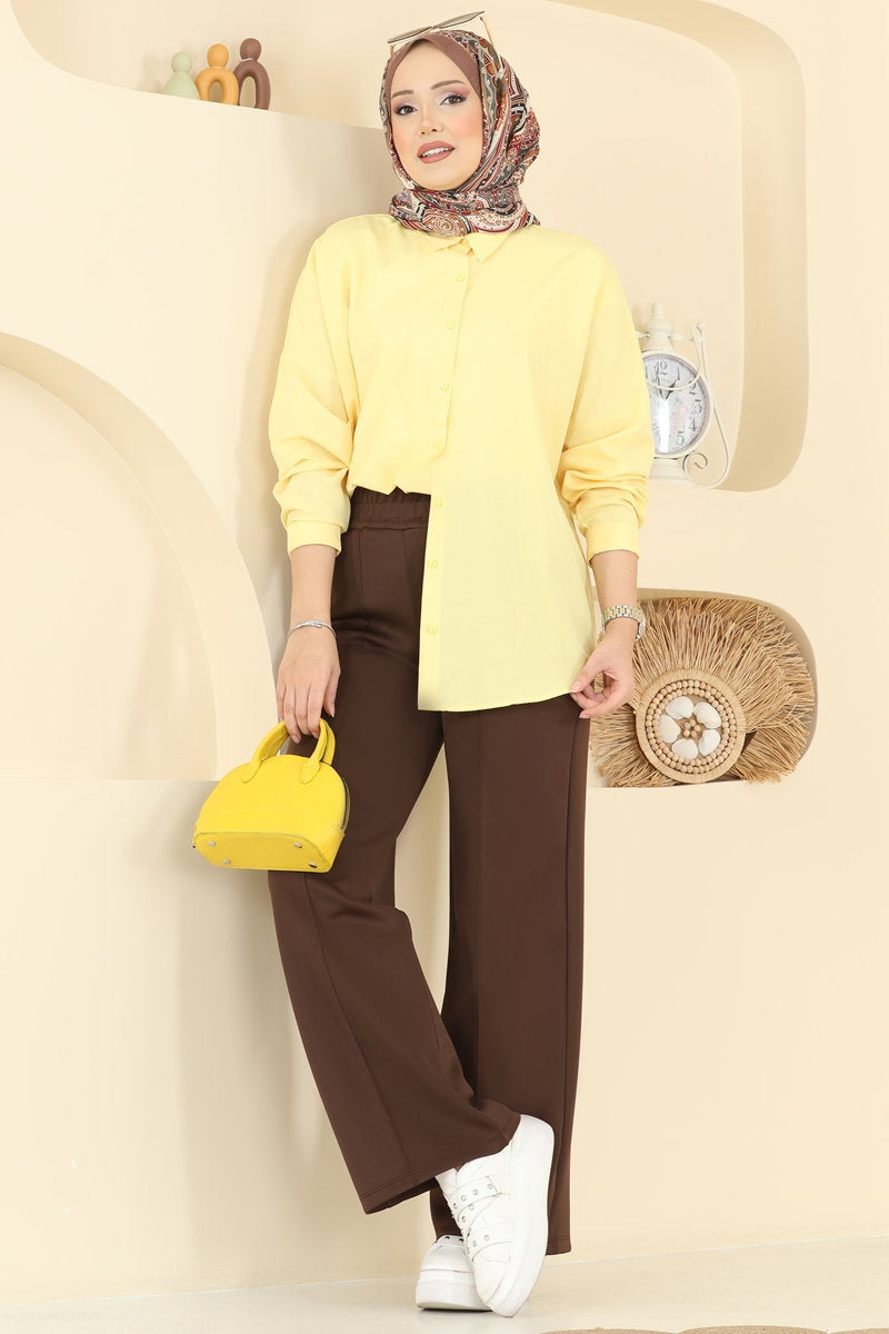 Scuba Trousers with Elastic Waist - Brown