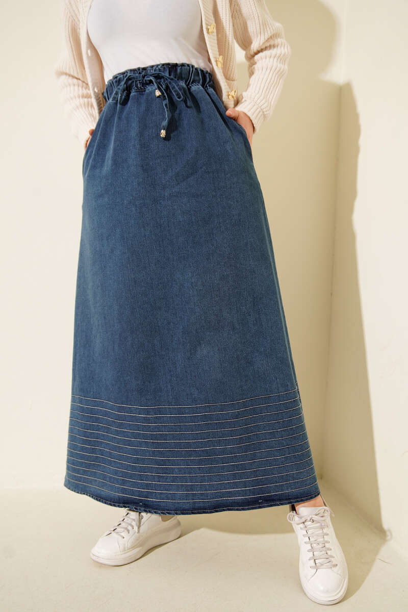 Denim Skirt with Stripe Stitching and Elastic Waist - Blue