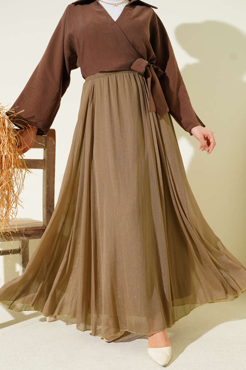 Glitter Flared Skirt with Elastic Waist - Latte