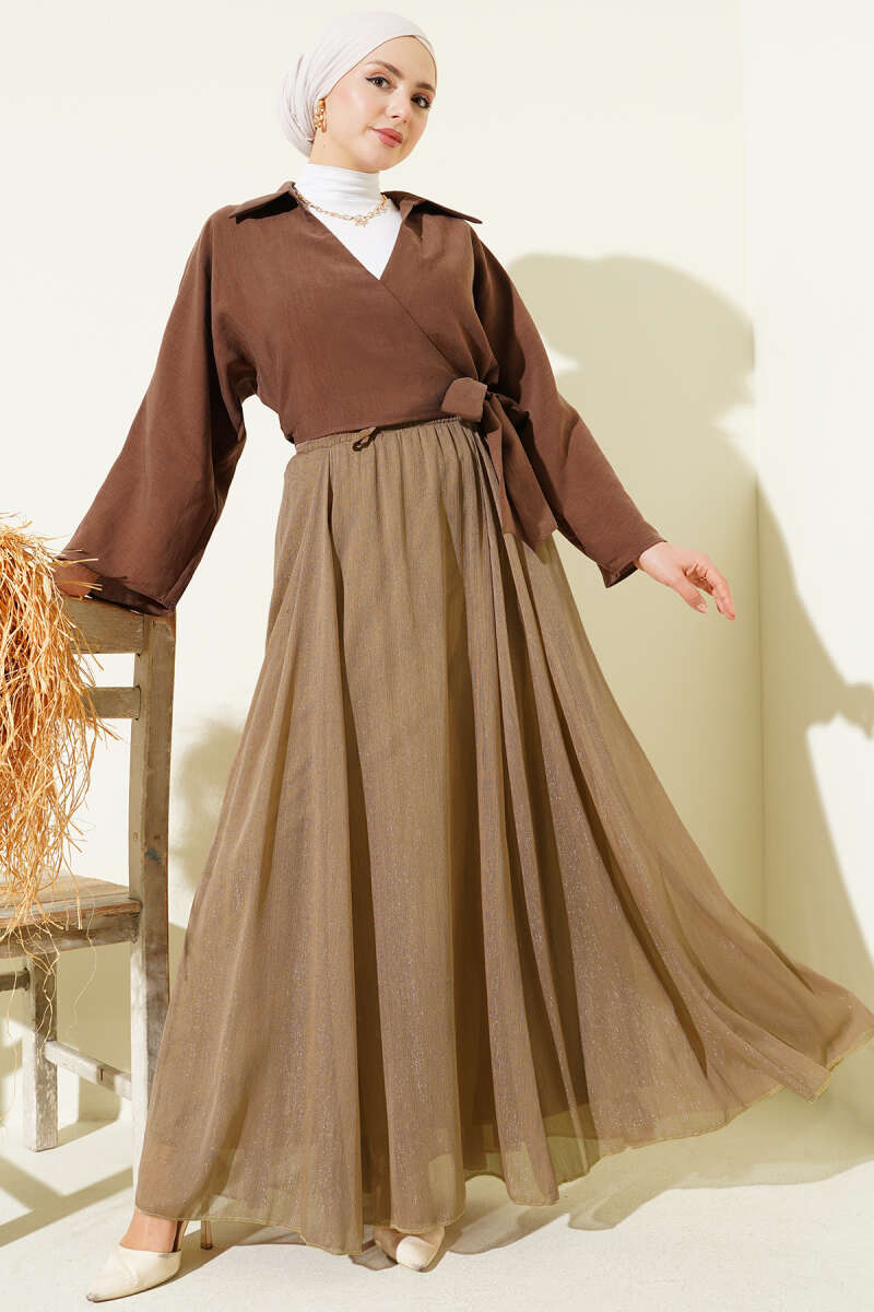 Glitter Flared Skirt with Elastic Waist - Latte