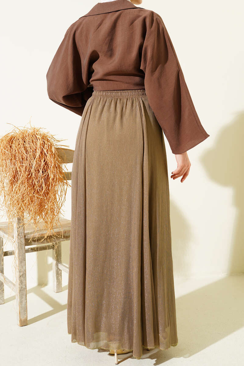 Glitter Flared Skirt with Elastic Waist - Latte