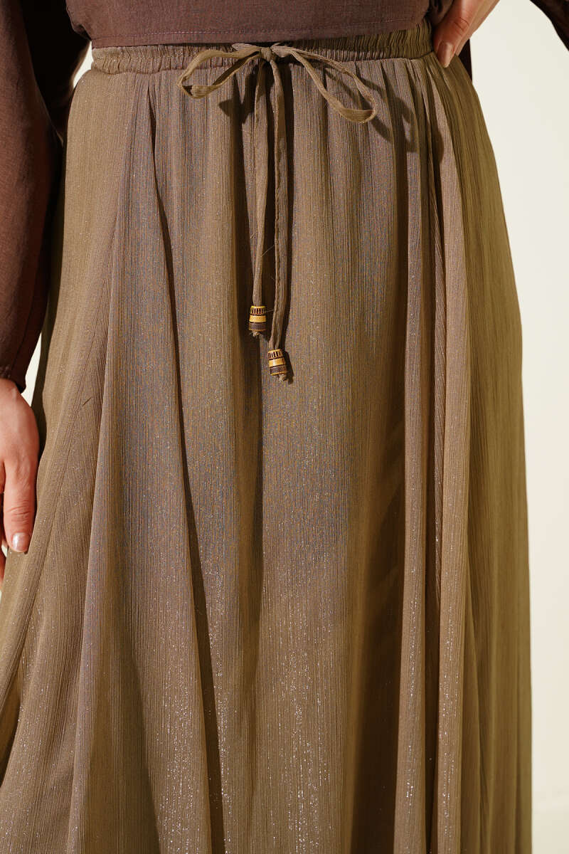 Glitter Flared Skirt with Elastic Waist - Latte