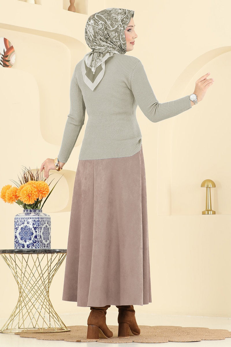 Suede Skirt with Elastic Waist - Powder-Mink