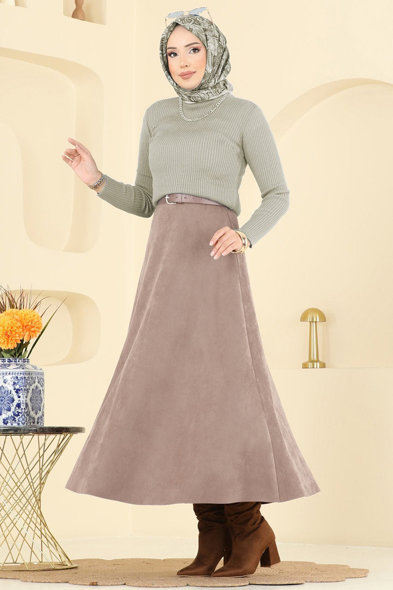 Suede Skirt with Elastic Waist - Powder-Mink