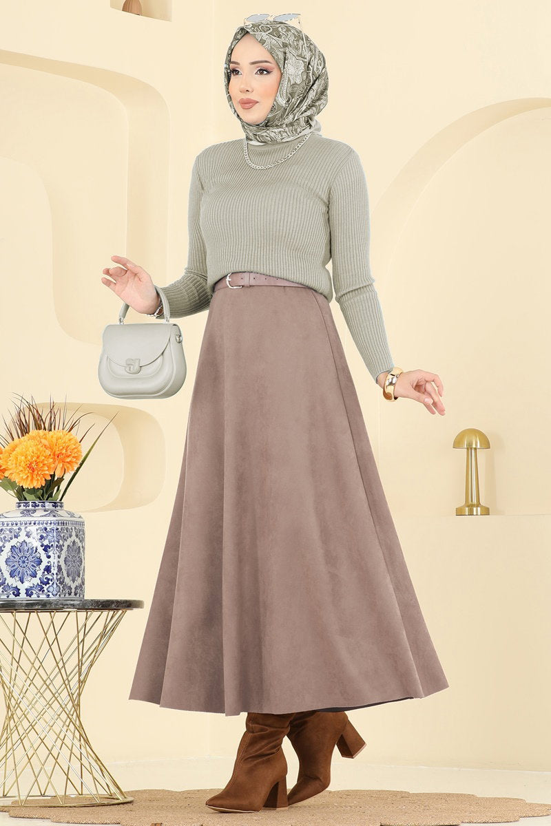 Suede Skirt with Elastic Waist - Powder-Mink