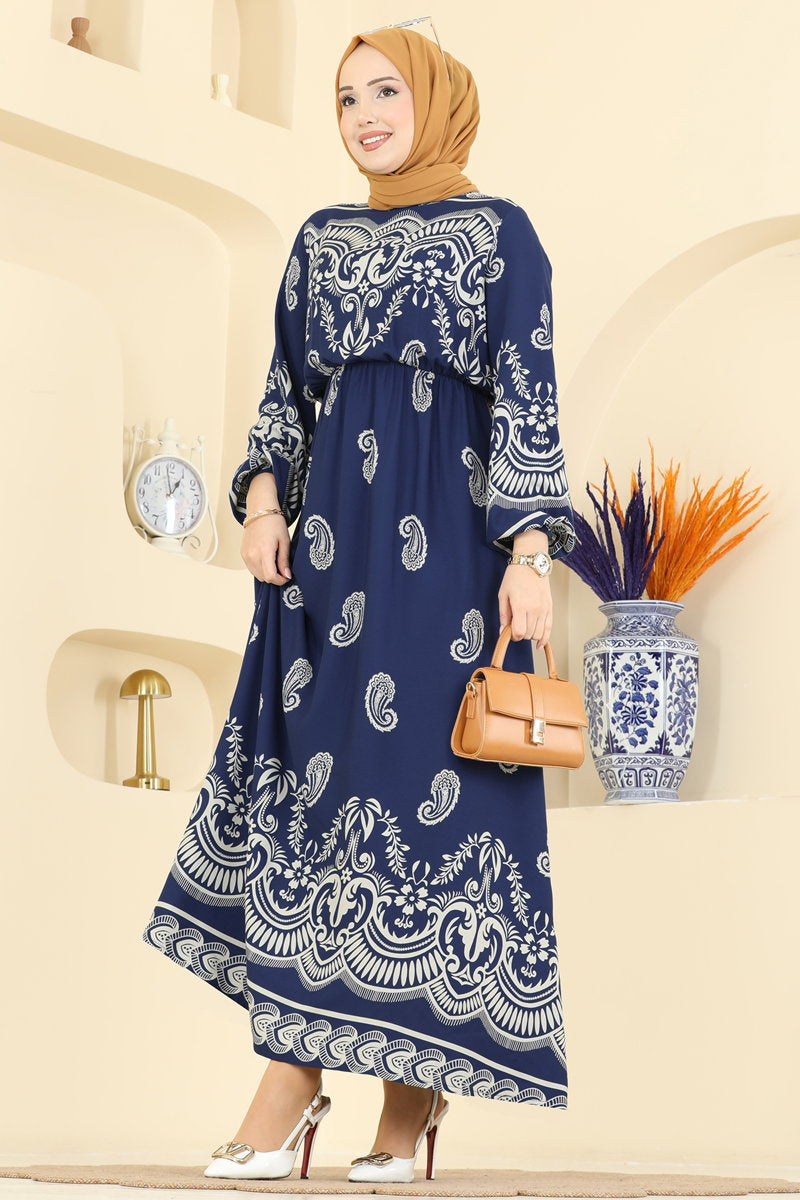 Viscose Dress with Elastic Waist - Indigo