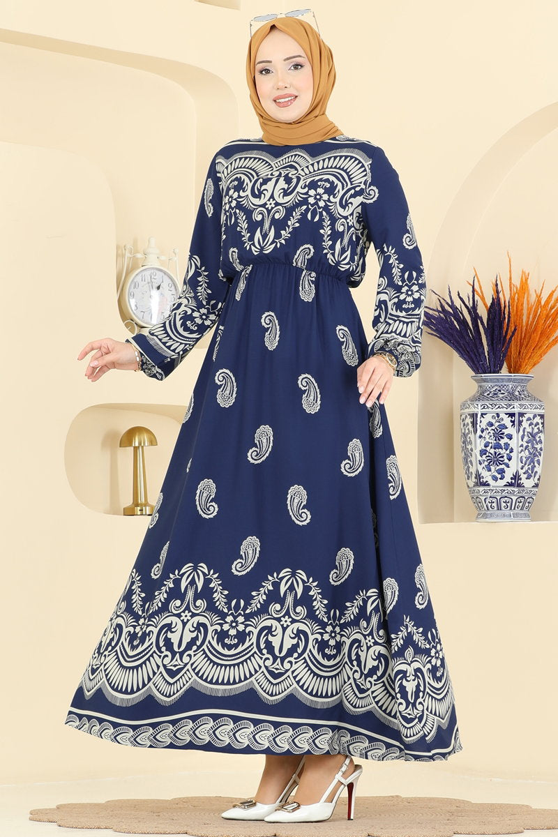 Viscose Dress with Elastic Waist - Indigo