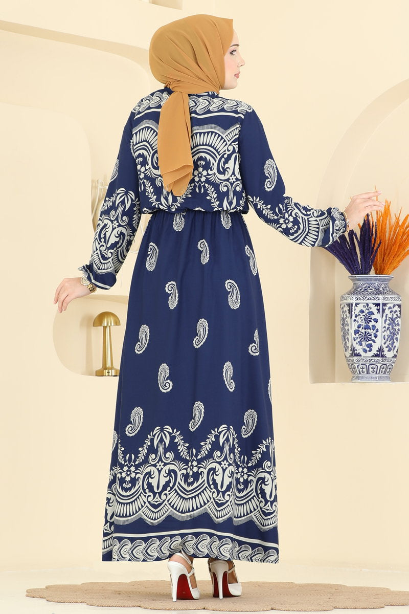 Viscose Dress with Elastic Waist - Indigo