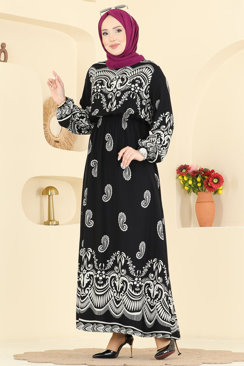 Viscose Dress with Elastic Waist - Black