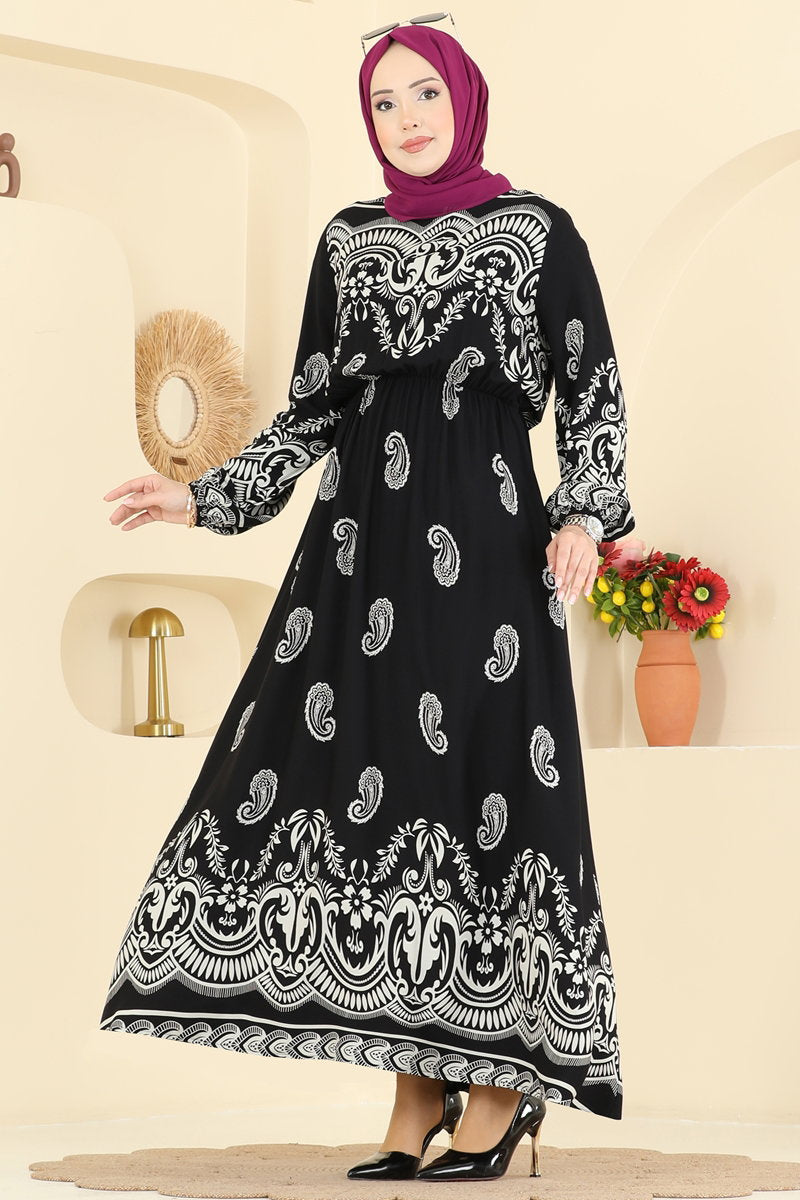 Viscose Dress with Elastic Waist - Black