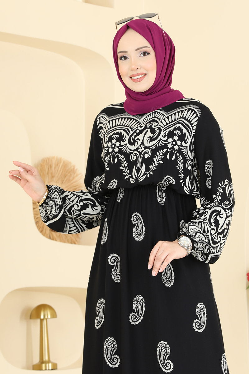 Viscose Dress with Elastic Waist - Black