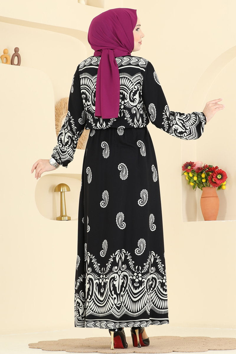 Viscose Dress with Elastic Waist - Black