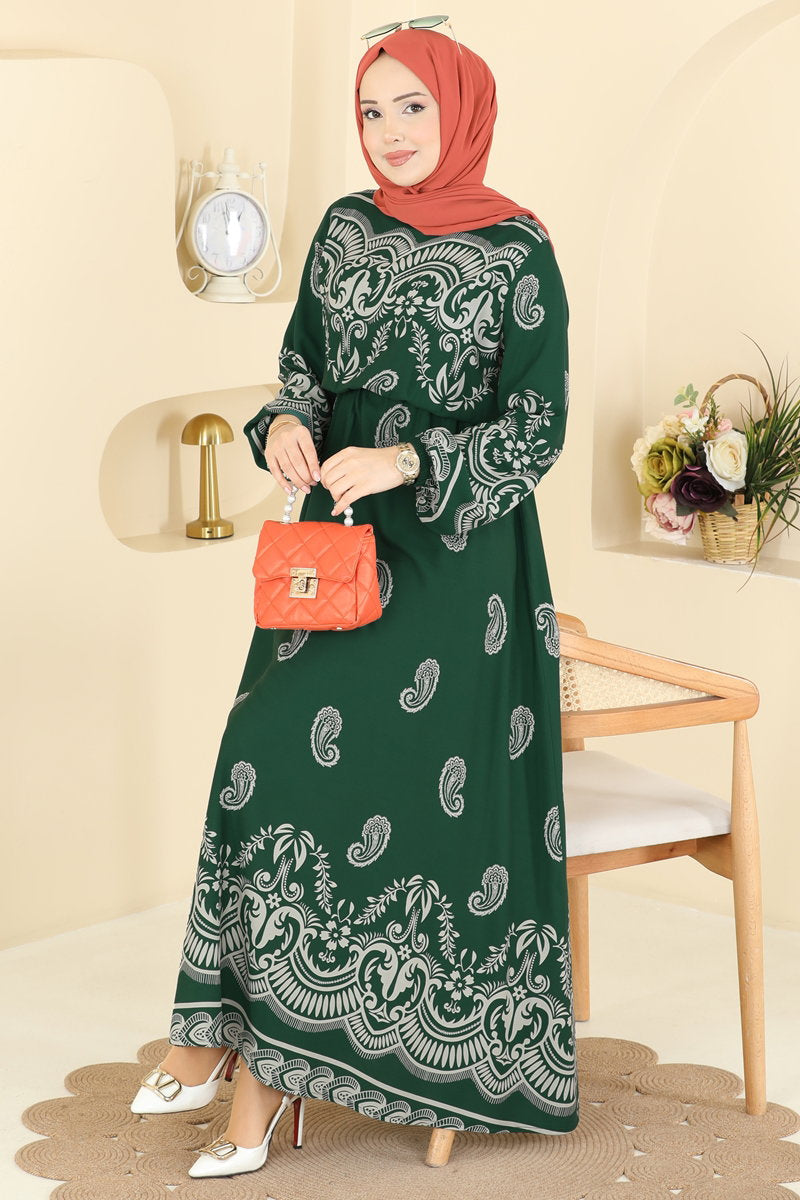 Viscose Dress with Elastic Waist - Emerald