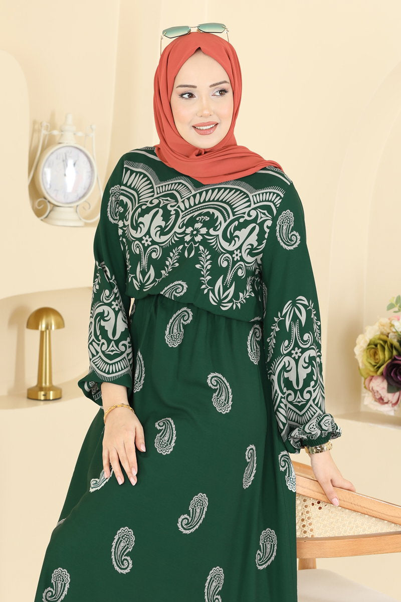 Viscose Dress with Elastic Waist - Emerald