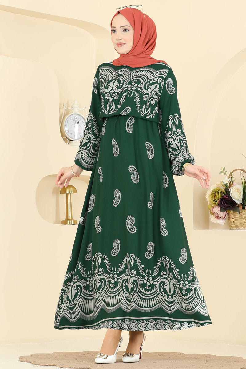 Viscose Dress with Elastic Waist - Emerald