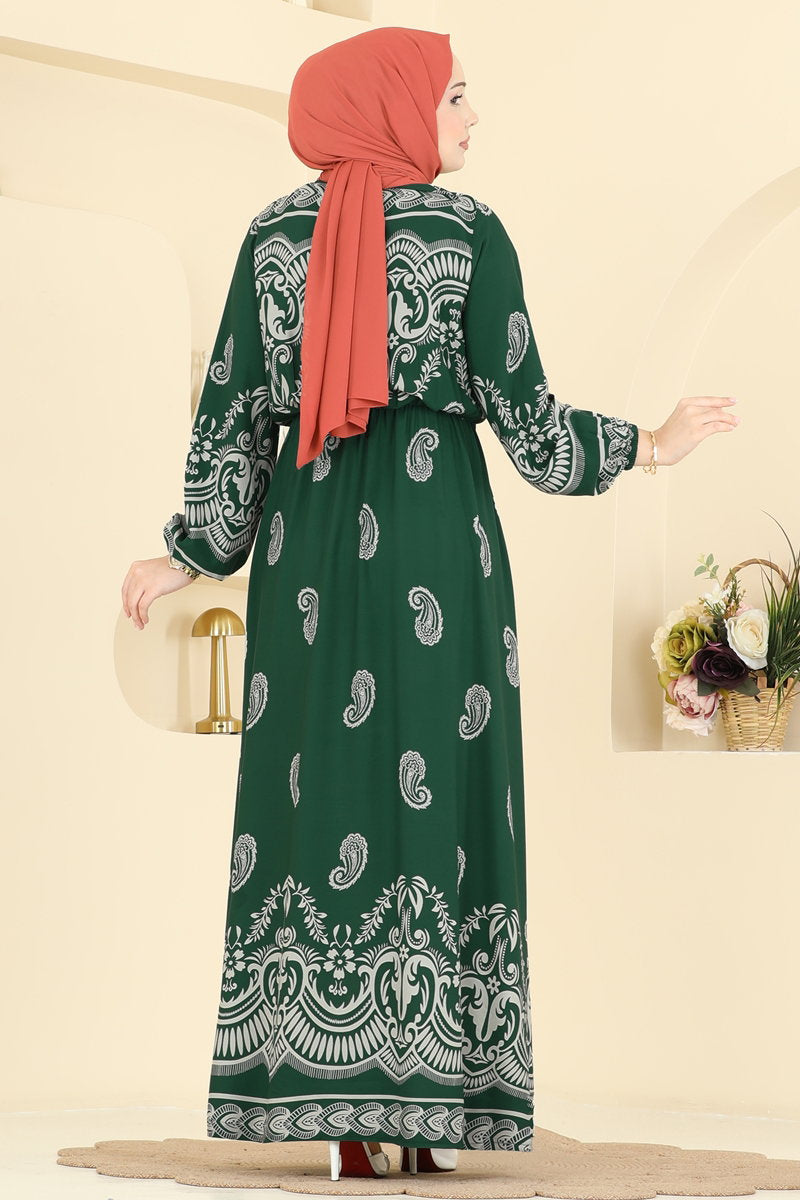 Viscose Dress with Elastic Waist - Emerald