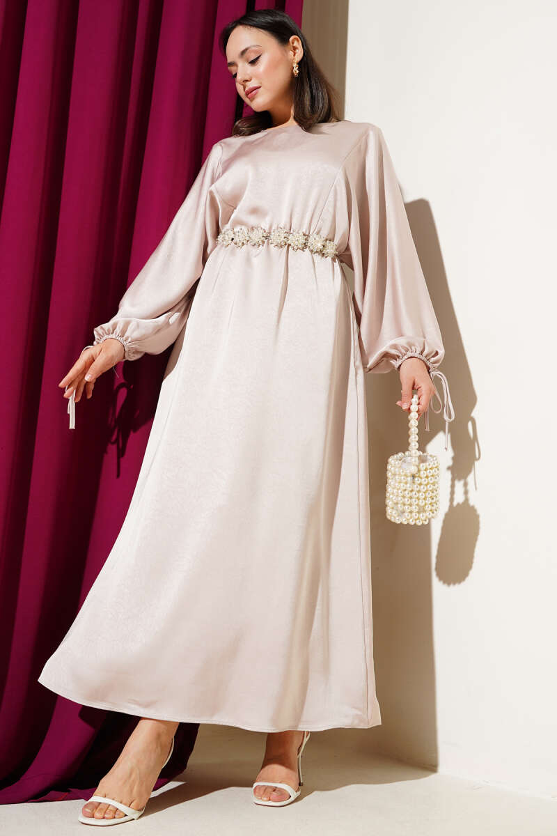 Batwing Satin Dress with Elastic Waist - Beige