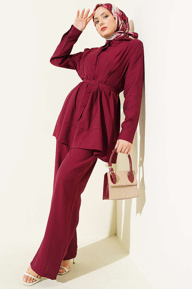 Belted Two-Piece Set with Waist Darts - Burgundy