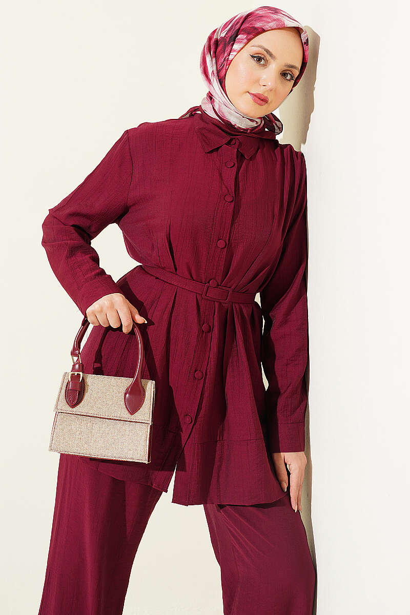 Belted Two-Piece Set with Waist Darts - Burgundy