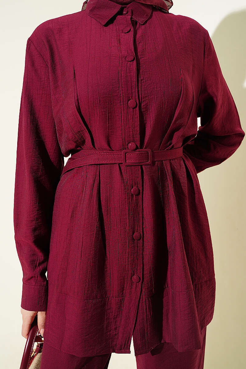 Belted Two-Piece Set with Waist Darts - Burgundy